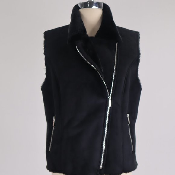 Calvin Klein NWOT Black Suede Sherpa Faux Fur Zipper Motorcycle Vest Coat Jacket - Picture 1 of 11